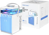 Draagbare mini-airconditioning, 4-in-1 mini-luchtkoeler, draagbaar, kleine USB-ventilator met 7 gekleurde leds, 3 modi, voor thuis, kantoor, camping