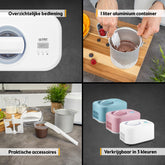TZS First Austria IJsmachine & yoghurtmaker, zelfkoelend met compressor en uitneembare 1 liter ijshouder, yoghurtmachine voor thuis, incl. maatbeker en spatel