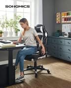 SONGMICS Gaming chair, bureaustoel met voetsteun, bureaustoel met hoofdsteun en lendenkussen, in hoogte verstelbaar, ergonomisch, 90-135° kantelhoek, tot 150 kg draagvermogen, zwart-grijs OBG073B03