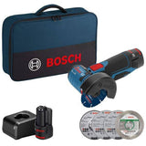 Bosch Professional 12V System haakse accuslijpmachine GWS 12V-76 (incl. 2x 2,0Ah accu, 5-delige (door)slijpschijvenset, in tas)