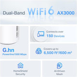 TP-Link Deco PX50 AX3000 + G1500 Powerline Mesh Wi-Fi 6-systeem voor het hele huis, dual-band, gigabitpoorten, AI-gestuurd gaas, dekking tot 6500 ft2, sluit tot 150 apparaten, 1,0 GHz CPU, HomeShield, Pack van 3