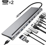 DSHGDJF 12 in 1 USB C Hub Laptop Docking Station Type-C naar Dual compatibel/VGA/USB 3.0 Hub/PD/RJ/TF-kaart