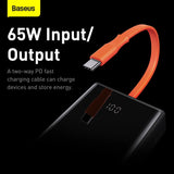 Baseus Powerbank 65 W voor laptop, 20.000 mAh Powerbank USB C, geïntegreerde USB-C-kabel, externe accu QC 3.0 met 4 uitgangen voor Lenovo, HP, Dell, MacBook Pro, iPhone, Samsung