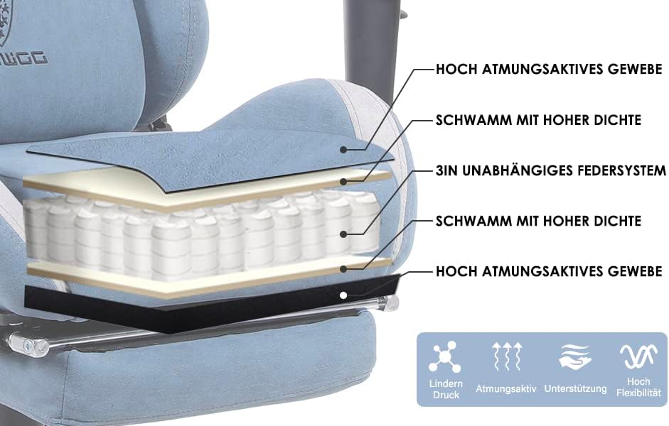 Dowinx Bureaustoel, gamingstoel, stof, ergonomische gamingstoel, massagestoel met voetensteun, hoofdsteun, lendenkussen, gamingstoel, draaistoel (hemelsblauw)