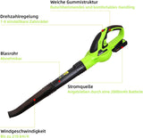 Aqualin Dahdeloze bladblazer met een 2,0 Ah batterij en snellader, te gebruiken voor tuinen, gazons en onderhoud van gevallen bladeren (groen)
