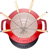 STAUB Fondue-set met 6 vorken, geschikt voor kaas-, chocolade- en vleesfondue, gietijzer, kersenrood, 20 cm