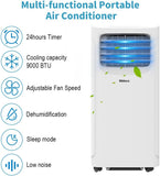 SHINCO Mobiele airconditioning met afvoerslang, 9000 BTU, 2,6 kW, koelen, ventileren en ontvochtigen, mobiele airconditioner met slaapmodus, kamergrootte tot 22 m², 24-uurs timer