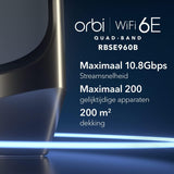 NETGEAR RBSE960B-100EUS Orbi Quad-band WiFi 6E Mesh Add-on Satelliet - Werkt met Orbi RBRE960 en RBKE963B, voegt dekking toe tot 200m2, AXE11000 (10,8 Gbps) Zwart