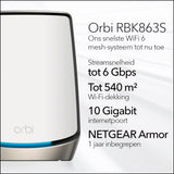 NETGEAR Orbi Tri-Band WiFi 6 Mesh-systeem (RBK863S) – router met 2 satellietextenders, dekking tot 540 m², 100 apparaten, internetpoort van 10 Gig, Armor-abonnement, AX6000 (tot 6 Gbps)