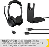 Jabra Evolve2 55 draadloze stereo headset met oplaadstandaard, Jabra Air Comfort technologie, noise cancelling microfoons en ANC - werkt met UC-platforms zoals Zoom en Google Meet - zwart