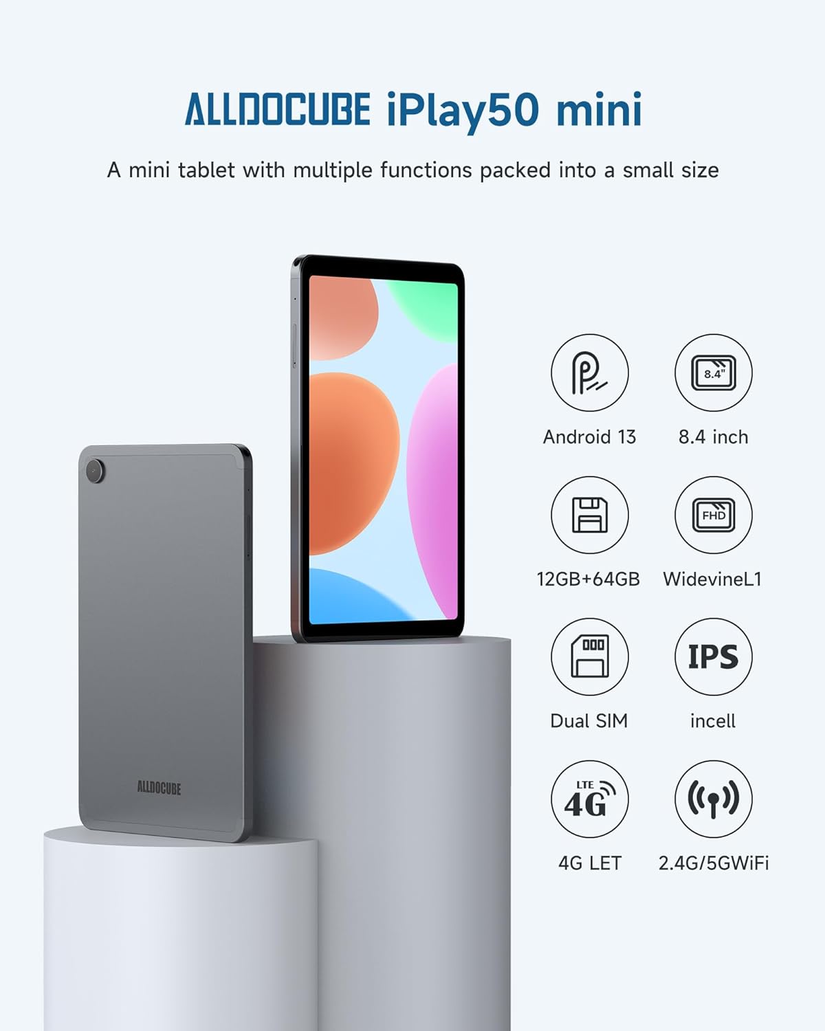ALLDOCUBE Tablet iPlay 50 Mini Android 13, Tablet 8.4 Inch FHD 1920 x 1200 Incell IPS, 12(4+8) GB RAM 64GB ROM/TF 512GB, Tablet PC Octa-Core 1.6GHz, 4G LTE 5GHz WiFi, Bluetooth 5.0, Google GMS/GPS