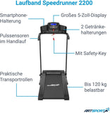 ArtSport Speedrunner 2200 Loopband, inklapbare loopband voor thuis, 12 km/u, 12 programma's, helling, 5 inch display, beugels, belastbaar tot 120 kg