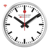 Mondaine Official Swiss Railways WiFi Stop2go wandklok 25 cm, smart kwartsuurwerk, minimalistisch design, rode secondewijzer, bluetooth kamertemperatuur weergave, zilver