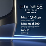 NETGEAR Orbi Quad-band WiFi 6E Mesh-systeem (RBKE963) - Router met 2 satellietextenders | Dekking tot 600 m2, 200 apparaten | AX11000 (tot 10,8 Gbps)