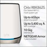 Netgear Orbi RBK862S WiFi 6 Triband Mesh System Router met 1 satelliet extender, bereik tot 360 m², 100 apparaten, 10 Gig internetaansluiting, Armor Abonnement, AX6000 (6 Gbps)