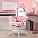 Dowinx Gamingstoel, schattige katteneditie, ergonomische bureau-computerstoel met hoge rugleuning en lendensteun, PU-leer, voetensteun, roze, LS-6655