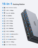 Docking Station USB C 15 in 1 Laptop Dockingstation USB C Dock met 1 m kabel met Dual 4K HDMI, 4K DP, 100W PD, RJ45 Ethernet, 10 Gbps USB C Data, USB 3.1/3.0/2.0, SD/TF, 3,5 mm Audio & Mic