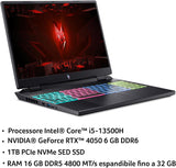 Acer Nitro 16 AN16 – 51 – 59BW Notebook Gaming, processor Intel Core i5 – 13500H, RAM 16 GB DDR5, 1024 GB SSD, display 16 inch WUXGA IPS 165 Hz, Nvidia GeForce RTX 4050 6 GB GDDR6, Windows 11 Home