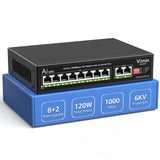 10-poorts gigabit PoE-switch met 8 PoE-poorten, VIMIN 8-poorts Unmanaged 10/100/1000 Mbps netwerk PoE-switch met 2 uplinkpoorten, AI Watchdog, VLAN, 250 m, ondersteunt IEEE802.3af/at