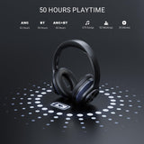 OneOdio A10 Bluetooth-hoofdtelefoon, over-ear, met hybride actieve ruisonderdrukking, tot 62 uur, draadloze hoofdtelefoon in Hi-Res audio, diepe bas, microfoon voor reizen, thuis, kantoor, zwart