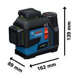 Bosch Professional lijnlaser GLL 12V-100-33 CG (3 x 360° groene laser, werkbereik 100 m (radius) met ontvanger, Levelling Remote-app, IP 65, LB 10, 4 x 1,5V LR6 (AA), adapter AA1, etui)