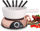 Artestia 2-QT Elektrische fonduepan voor vlees, 1500W keramische chocolade smeltpot met instelbare temperatuur, 6 fonduevorken, witte keramische pot met roségouden basis