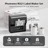Phomemo M221 labelprinter met 3 rollen etiketten, labelmaker Bluetooth Thermo etikettenprinter voor kleding, sieraden, detailhandels, barcode en meer, compatibel met Android iOS en Windows,grijs