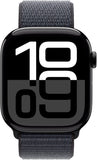 Apple Watch Series 10 (GPS 46 mm) Smartwatch - Kast van gitzwart aluminium - Inkt geweven sportbandje. Conditie bijhouden, Ecg-app, always on Retina-display, CO?-neutraal