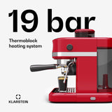 Klarstein Bella Café Bean-to-Cup Coffee Machine - 19 Bar, 1550 W, Integrated Grinder 200 g, Reservoir 1.4 L, Milk Frother, Thermoblock, Inserts for 2 Cups, Red