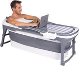 HelloBath® Opvouwbare Badkuip Voor Volwassenen - L, 143 x 60 x 54 cm - Badkuip Met Zeepmand En Massagerollers - Opvouwbaar Ijsbad En Bubbelbad Voor Zomer En Winter (Cool Grey)