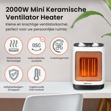 Pro Breeze Mini Keramische Ventilatorkachel - Ruimteverwarmer met automatische Oscillatie en 2 Warmteinstellingen (2000W)