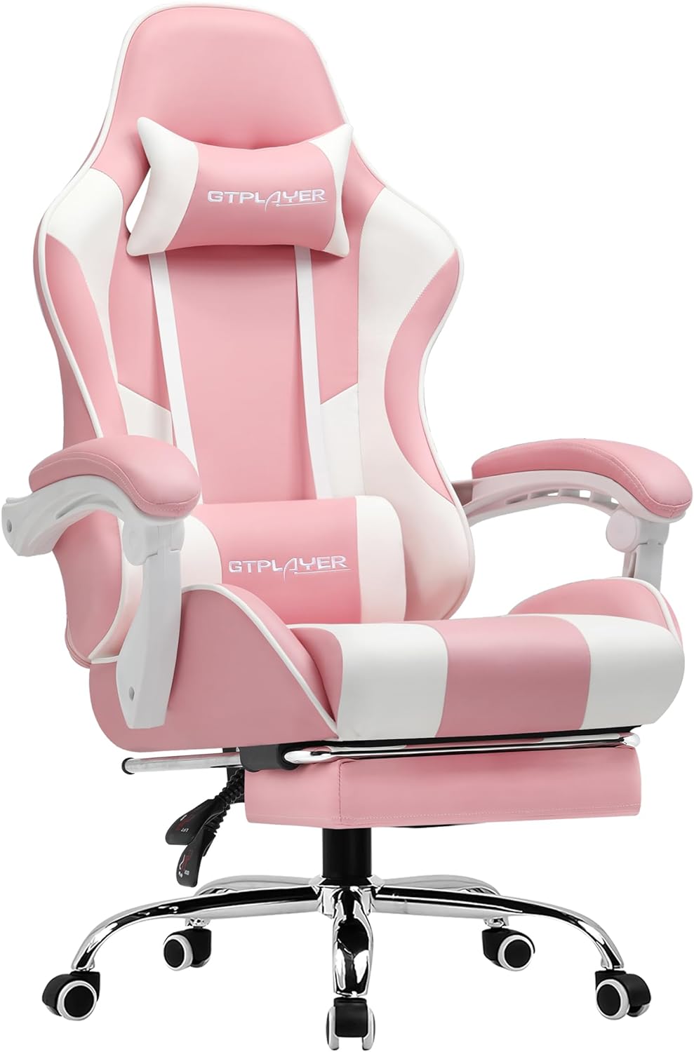 GTPLAYER Game stoel massage, gaming bureaustoel ergonomische met voetensteun, verstelbare hoofdsteun en lendensteun, in hoogte verstelbaar,wit