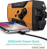 FosPower Draagbare radio 2000 mAh (model A1) zonne-energie/handslinger/batterijvoeding noodgevallen, zwengelradio, externe batterij met USB-oplaadaansluiting, SOS en LED-zaklamp voor wandelen, buiten