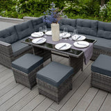 Grijs Rattan Hoek Dining Set & Tuinopbergbox 9-Zitter L Bank Krukken Glazen Tafel Grote Kussens Meubelkist 582L Buiten Patio Stalen Frame UV-bestendig GRATIS Waterdichte Draagtas & Regenhoes