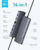 Anker USB C-hub met drie schermen (14-in-1), 4K@60 Hz HDMI-scherm, 1080p VGA met 100 W maximale stroomtoevoer, 5 Gbps USB-C en USB-A datapoorten, voor Macbook, Lenovo, Dell XPS, HP-laptops en meer