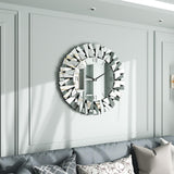 Artloge Wandklok spiegel kristalglas: 80x80 cm grote ronde stille spiegelklok decoratieve kunst 3D zon zilver voor keuken woonkamer eetkamer decoratie