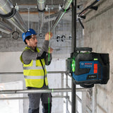 Bosch Professional lijnlaser GLL 12V-100-33 CG (3 x 360° groene laser, werkbereik 100 m (radius) met ontvanger, Levelling Remote-app, IP 65, LB 10, 4 x 1,5V LR6 (AA), adapter AA1, etui)