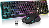 RedThunder K10 Draadloos Gamingtoetsenbord en Muisset, QWERTZ DE-lay-out, 3000mA Batterijcapaciteit Draadloos Toetsenbord en 3200 DPI Gamingmuis voor Gamers (Zwart)