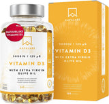 Vitamine D3 5000 IE Hoge Sterkte - Extra Virgine Olijfolie voor Optimale Absorptie - GGO-, Gluten- en Lactosevrij - Draagt bij aan Bot-, Spier- en Immuunfunctie - 365 Capsules