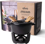 ALVA Nori Fondueset 8 inch, fonduepan set met 8 fonduevorken, gietijzeren smeltkroes voor chocolade of fondue kaaswarmer, geëmailleerde gietijzeren chocoladefondueset