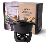 ALVA Nori Fondueset 8 inch, fonduepan set met 8 fonduevorken, gietijzeren smeltkroes voor chocolade of fondue kaaswarmer, geëmailleerde gietijzeren chocoladefondueset