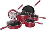 Ninja C29500 Foodi NeverStick Vivid 10-delige kookgerei set met deksels, anti-aanbaklaag, duurzaam en ovenbestendig tot 400 °F, Cool-Touch handgrepen, karmozijnrood