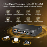 MokerLink 11-poorts Gigabit PoE-switch met 8 PoE+ poort, 2 Gigabit uplink, 1 SFP-poort, 120 W AI detectie, Qos, plug & play netwerkswitch zonder ventilator