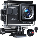 WOLFANG Action Cam GA100 4K 30FPS, 20MP WiFi PC Camera, Fotocamera per Casco, Subacquea 40M Impermeabile Videocamera, EIS, Telecomando2.4G, Mic Esterno,2x1050mAh Batterie e Accessori di Montaggio