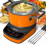 GREECHO Fondue Pot Elektrische Set, 2.6 Qt RVS Elektrische Fondue Pot met 3 Vooraf ingestelde Modus (Kaas, Chocolade & Bouillon), 1200W Fondue Pot Set met Gescheiden Fondue Pot & 6 Kleurgecodeerde