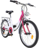 Fetcoi Kinderfiets, 20 inch, 6 versnellingen, jongens, meisjes, fiets met lamp (roze + wit)