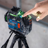 Bosch Professional lijnlaser GLL 12V-100-33 CG (3 x 360° groene laser, werkbereik 100 m (radius) met ontvanger, Levelling Remote-app, IP 65, LB 10, 4 x 1,5V LR6 (AA), adapter AA1, etui)