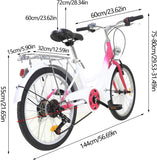 Fetcoi Kinderfiets, 20 inch, 6 versnellingen, jongens, meisjes, fiets met lamp (roze + wit)