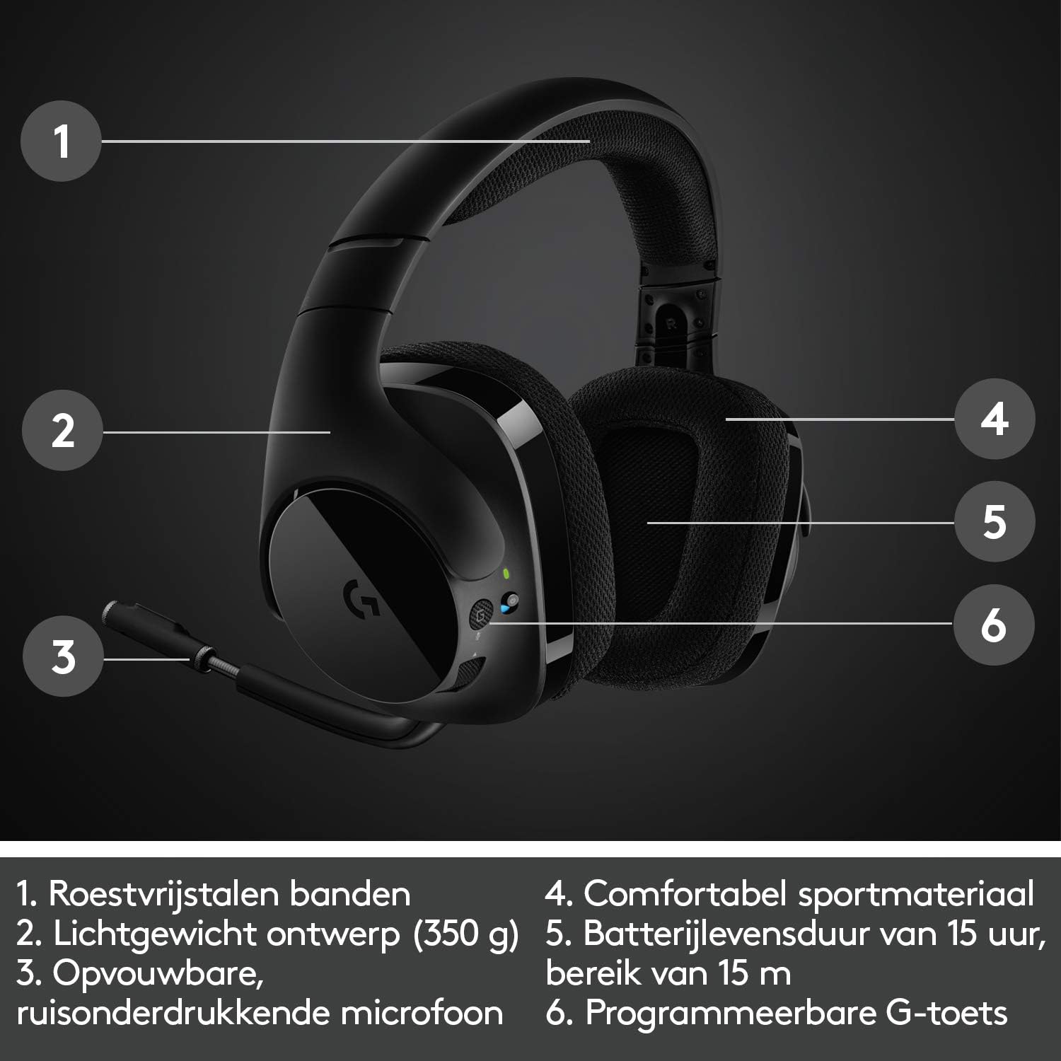 Logitech G533 Draadloze Gaming Headset, 7.1 Surround sound, DTS Headphone:X, 40mm Pro-G drivers, Noise Cancelling Microfoon, 2.4GHz draadloos, Lichtgewicht, Batterijduur 15 uur, PC/Mac - Zwart