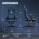 Dowinx Gaming stoel, bureaustoel met zijdeachtig gladde grote wielen, massage gamingstoel met luxe suède stof, 90-165 graden, bureaustoel, 150 kg, blauw